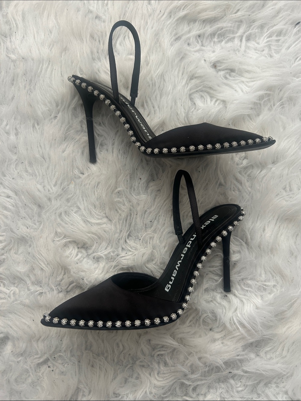 Alexander Wang black slingback rhinestone edge heels, size 7.5 pointy toe